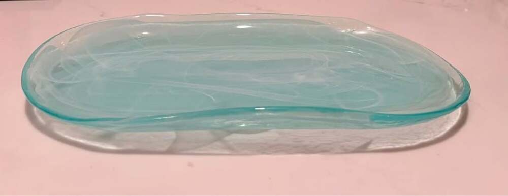 VINTAGE ArdaCam "The Art of Tabletop" turquoise and white swirl handcrafted glas
